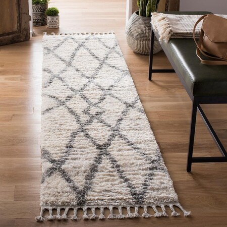 Safavieh 2 x 8 ft. Berber Fringe Shag Power Loomed Runner Area Rug; Creme & Black BFG628B-28
